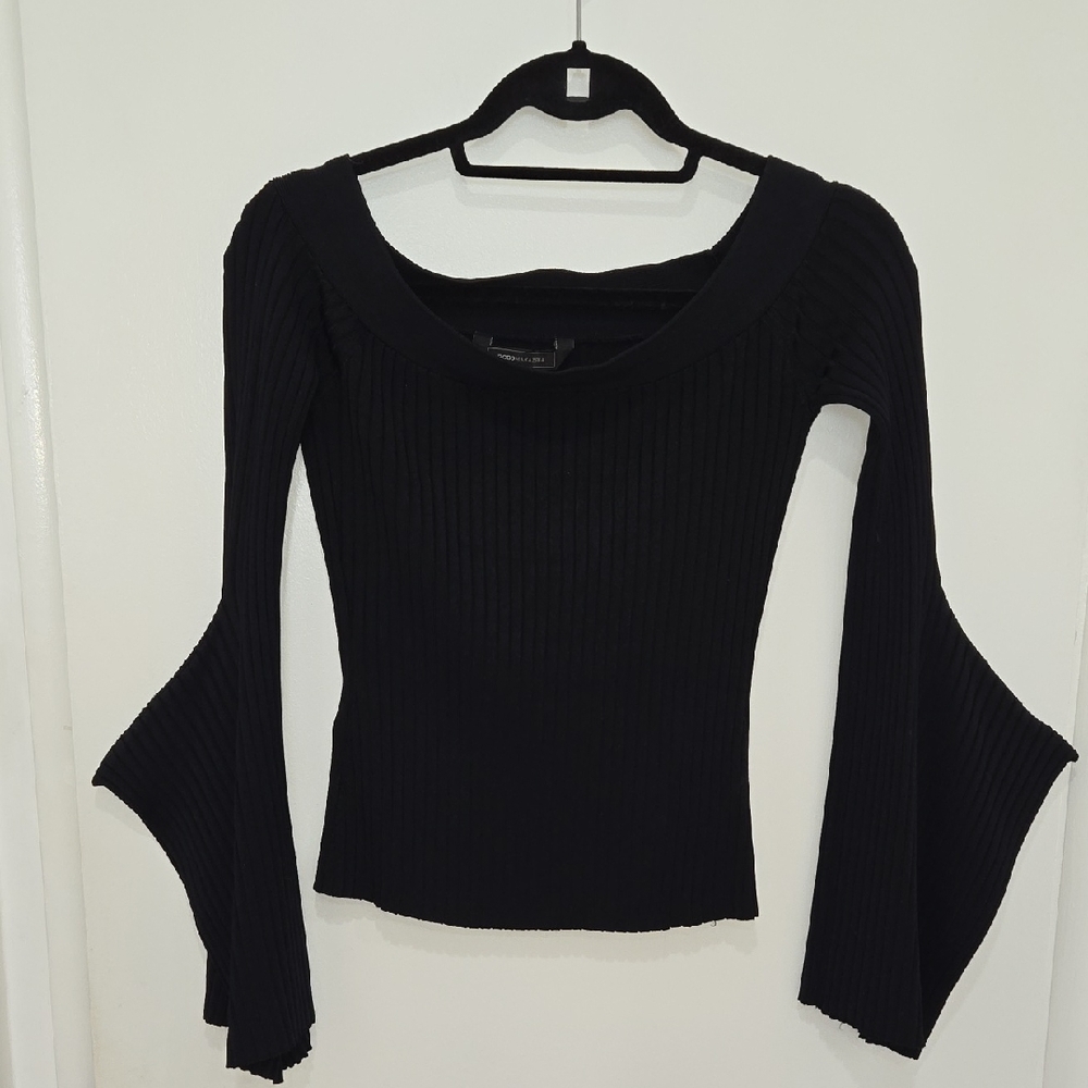 BCBG MaxAzria Stevie Black Whimsygoth Fairycore Off Shoulder Bell Sleeve Sweater